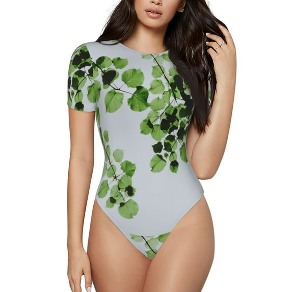 Naloa Watercolor Green Leaves Women's Short-Sleeved Onesie, One-Piece Swimsuit for Parties, dates, clubs - Medium