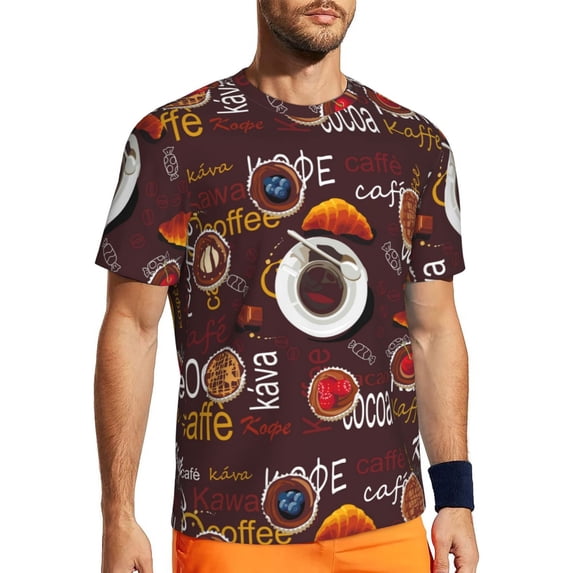 Wukai A Cup Of Black Coffee On A Saucer Print Men's Short-Sleeved Mesh T-Shirt,Quick-Dry Short Sleeve Workout T-Shirt-5X-Large