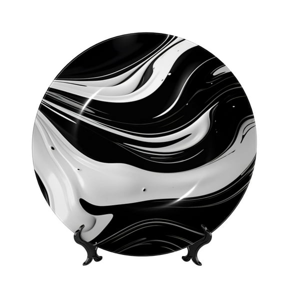 Wukai Abstract Black White Swirls Print Decorative Plate for Display,Bone China Decorative Plate, Ceramic Dinner Plate with Stand, Vertical Ceramic Plate-6in