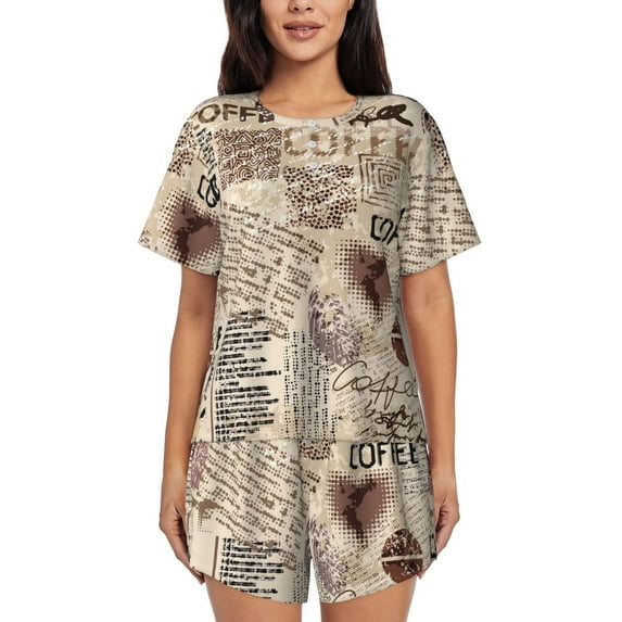 Wukai Abstract Coffee Pattern With Letters Women's Pajama Set,Short-Sleeve Top and Shorts with Elastic Waistband and Pockets for Loungewear, Yoga, and Casual Wear-