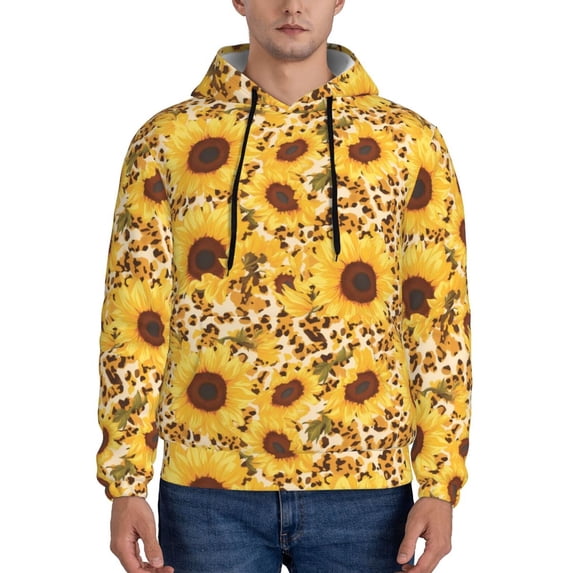 Wukai Abstract Leopard Print Sunflower Print Men Hoodies Fleece Sweatshirts Long Sleeve Sweaters Pullover Fall Outfits Winter Clothes-Small