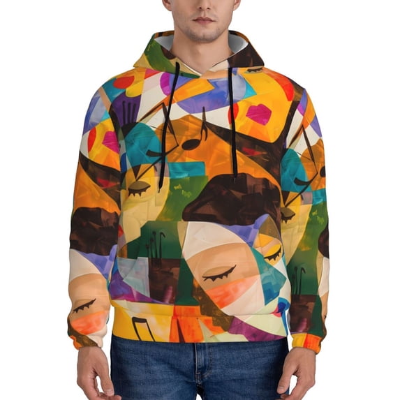Wukai Abstract Musical Faces Print Men Hoodies Fleece Sweatshirts Long Sleeve Sweaters Pullover Fall Outfits Winter Clothes-Small