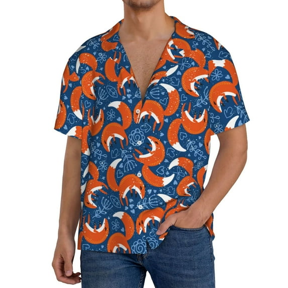 Wukai Abstract Vintage Fox and Plants Men's Casual Short-Sleeve Button Down Shirt,Cuban Shirts for Men,Mens Short Sleeve Dress Shirts-3X-Large
