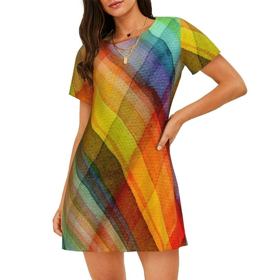 Wukai Abstract Watercolors Tartan Print Women's Loose Short Sleeve Nightgown, Soft Sleep Dress for Comfortable Relaxation, Casual Lounge Wear
