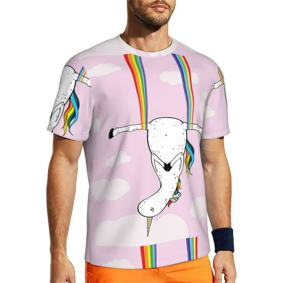 Wukai Aerial Yoga for Unicorn Print Men's Short-Sleeved Mesh T-Shirt,Quick-Dry Short Sleeve Workout T-Shirt-5X-Large