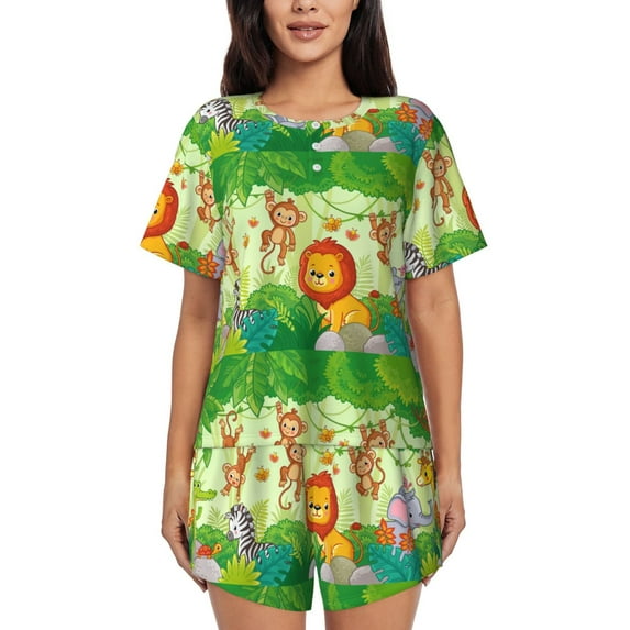"Wukai African Animals in the Jungle Women's Pajama Set - Short-Sleeve Top and Shorts with Elastic Waistband and Pockets for Loungewear, Yoga, and Casual Wear-Large