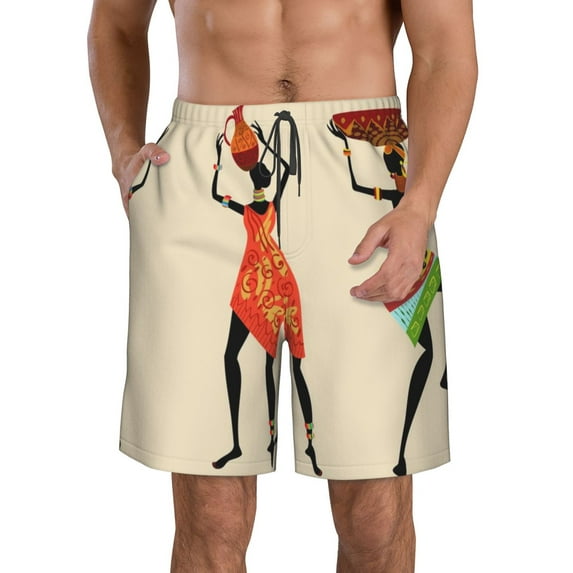 Wukai African Women Print Beach Trunks with Compression Liner Swimsuit Quick Dry Beach Sports Shorts with Pocket-X-Large