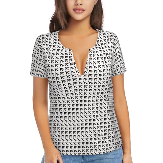 Wukai Airplane Casual V-Neck Graphic Tees for Women: Lightweight and Breathable Summer Tops with Stylish Design-X-Large