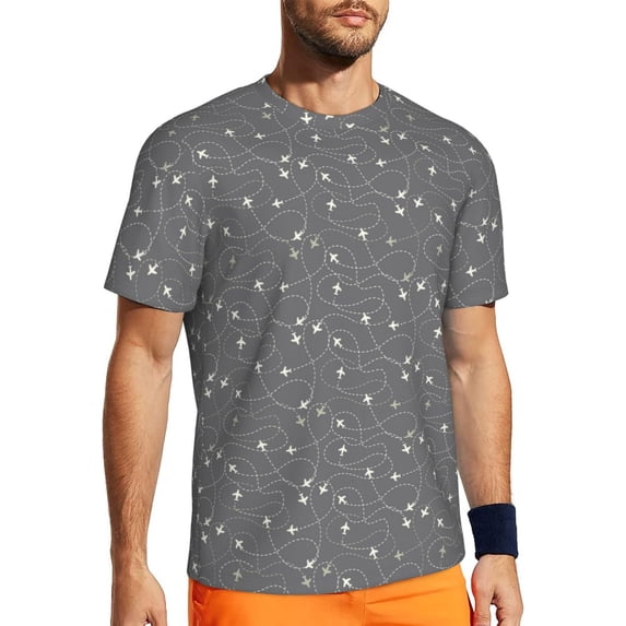 Wukai Airplane Routes Around The World Print Men's Short-Sleeved Mesh T-Shirt,Quick-Dry Short Sleeve Workout T-Shirt-Large