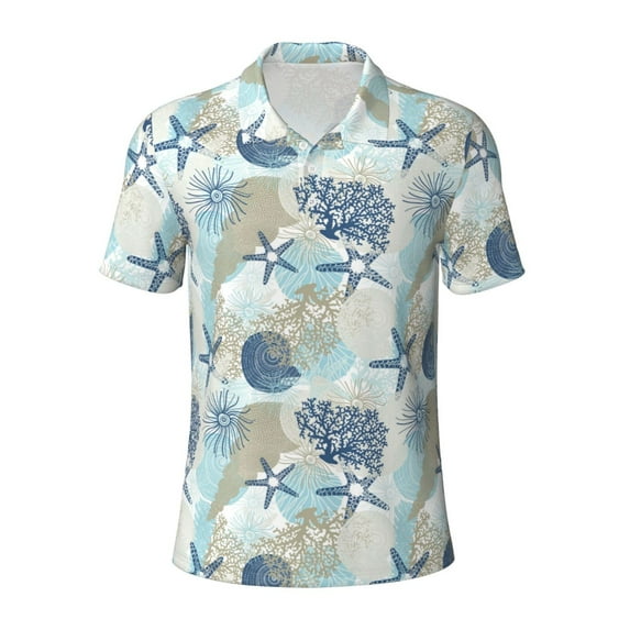 Wukai Algae Corals and Seashells Men’s Polo Shirts,Quick-Dry Athletic Shirt,Classic Fit Shirts-Large