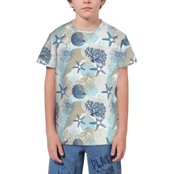 Wukai Algae Corals and Seashells Youth Unisex Short Sleeve T-Shirt for Boys, Girls, Teens, and Kids-Medium