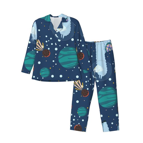Wukai Alpaca Astronaut in Space Men's Long-Sleeve Pajama Set - Comfortable Sleepwear with Button-Down Shirt and Pants-Medium