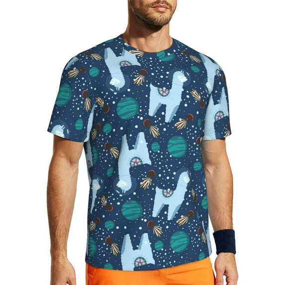 Wukai Alpaca Astronaut in Space Print Men's Short-Sleeved Mesh T-Shirt,Quick-Dry Short Sleeve Workout T-Shirt-3X-Large