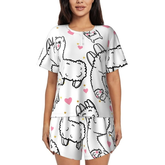 "Wukai Alpacas and Hearts Women's Pajama Set - Short-Sleeve Top and Shorts with Elastic Waistband and Pockets for Loungewear, Yoga, and Casual Wear-XX-Large