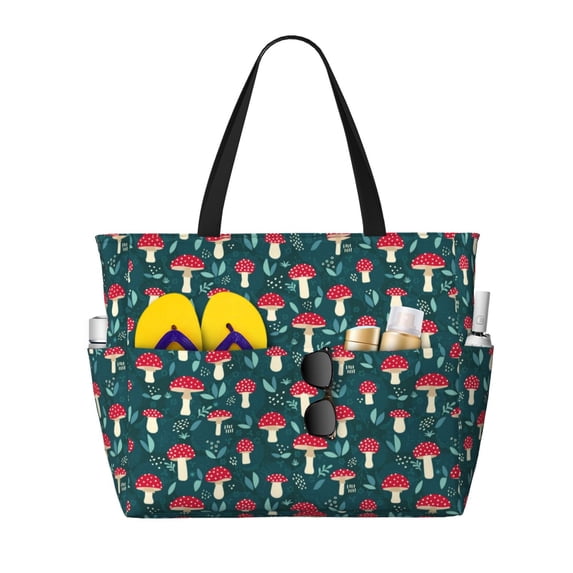 Wukai Amanita Mushroom Print Zipper Bag,large Beach Tote Bag,Waterproof Sandproof Bag,Grocery and Picnic Tote Travel Bag