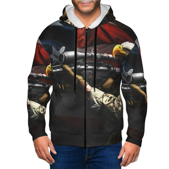 Wukai American Bald Eagle Warrior Print Men's Zip-Up Hoodie,Fleece Full-Zip Hoodie for Men, Hooded Sweatshirt-Small