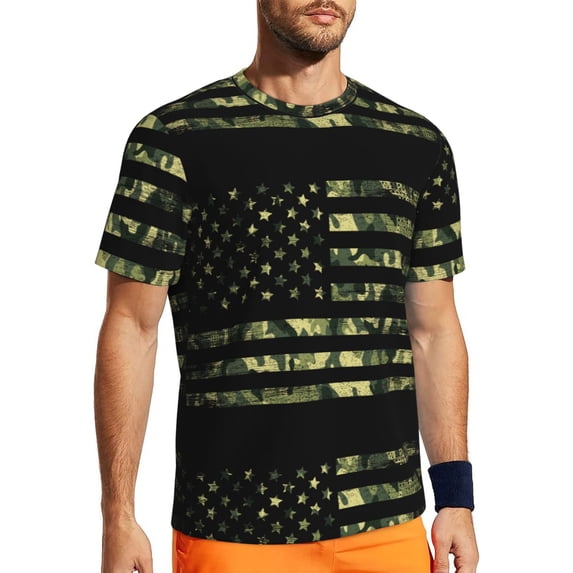 Wukai American Flag Camo Print Men's Short-Sleeved Mesh T-Shirt,Quick-Dry Short Sleeve Workout T-Shirt-Medium