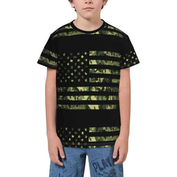 Wukai American Flag Camo Youth Unisex Short Sleeve T-Shirt for Boys, Girls, Teens, and Kids-X-Small