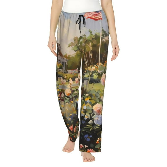 Wukai American Flag Rose Garden Women Pajama Pants Comfy Stretch Drawstring Palazzo Wide Leg Lounge Pant Comfy Sleepwear Yoga Pants-Large
