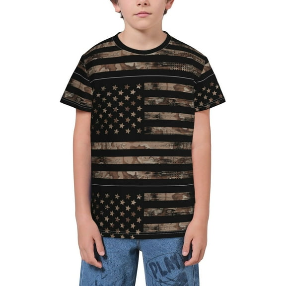 Wukai American Flag with Desert Camouflage Youth Unisex Short Sleeve T-Shirt for Boys, Girls, Teens, and Kids-X-Small