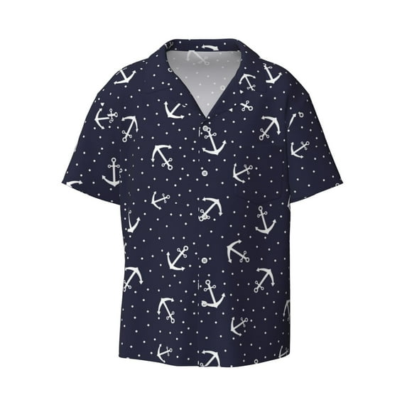 Wukai Anchor Men's Casual Short-Sleeve Button Down Shirt - Lightweight Summer Dress Shirt for Daily Wear-Small