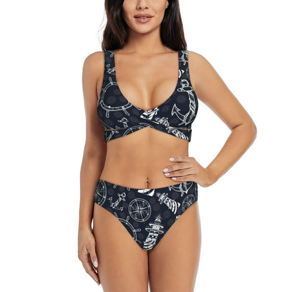 Wukai Anchors and Lighthouse Women's Bikini Set Two Piece,wimsuit High Waisted V Neck Twist Front Adjustable Spaghetti Straps Bathing Suit-Large