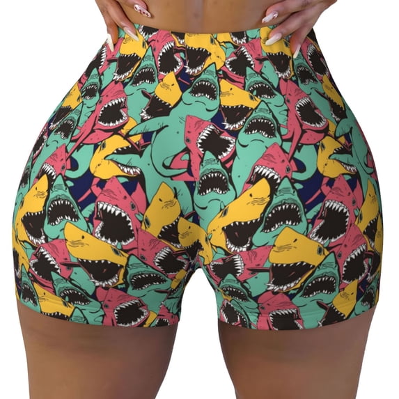 Wukai Angry Shark Pattern Print Pack Biker Shorts for Women Yoga Workout Gym Running Scrunch Active Shorts-Small