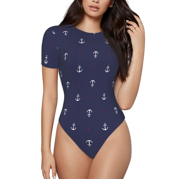 Naloa Anchor Heart Blue Women's Short-Sleeved Onesie, One-Piece Swimsuit for Parties, dates, clubs - Medium