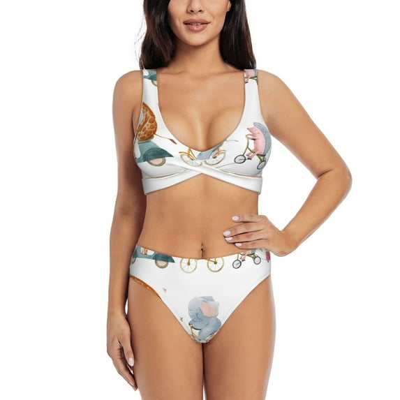 Wukai Animals in Transport Women's Bikini Set Two Piece,wimsuit High Waisted V Neck Twist Front Adjustable Spaghetti Straps Bathing Suit-X-Large