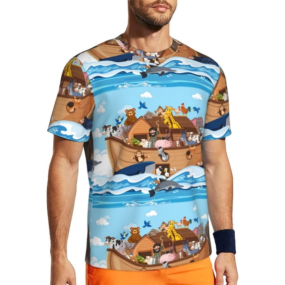 Wukai Animals on Noah's Ark Floating Print Men's Short-Sleeved Mesh T-Shirt,Quick-Dry Short Sleeve Workout T-Shirt-Large