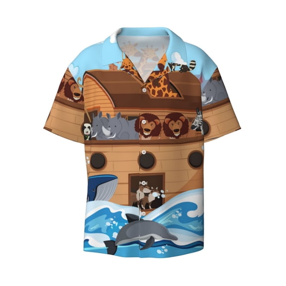 Wukai Animals on Noah's Ark Men's Casual Short-Sleeve Button Down Shirt - Lightweight Summer Dress Shirt for Daily Wear-Small