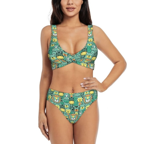 Wukai Animals with Leaf Women's Bikini Set Two Piece,wimsuit High Waisted V Neck Twist Front Adjustable Spaghetti Straps Bathing Suit-Medium