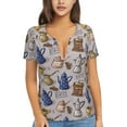 thumbnail image 1 of Wukai Antique Vintage Teapot Coffee Grinder Casual V-Neck Graphic Tees for Women: Lightweight and Breathable Summer Tops with Stylish Design-Small, 1 of 8