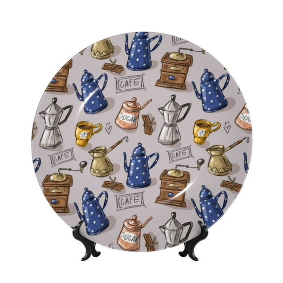 Wukai Antique Vintage Teapot Coffee Grinder Print Decorative Plate for Display,Bone China Decorative Plate, Ceramic Dinner Plate with Stand, Vertical Ceramic Plate-6in