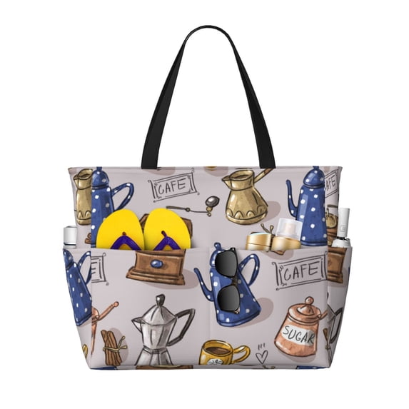 Wukai Antique Vintage Teapot Coffee Grinder Print Zipper Bag,large Beach Tote Bag,Waterproof Sandproof Bag,Grocery and Picnic Tote Travel Bag