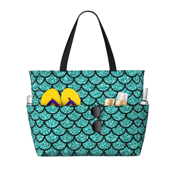 Wukai Aquamarine Glitter Print Zipper Bag,large Beach Tote Bag,Waterproof Sandproof Bag,Grocery and Picnic Tote Travel Bag