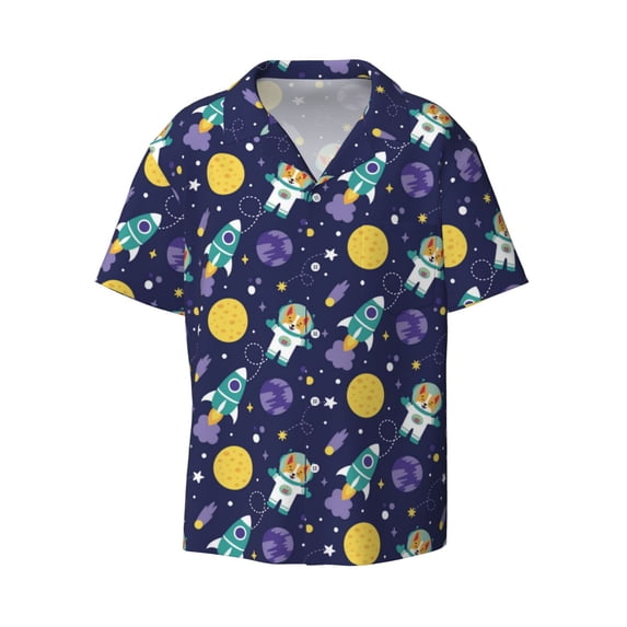 Wukai Astronaut Corgi Men's Casual Short-Sleeve Button Down Shirt - Lightweight Summer Dress Shirt for Daily Wear-