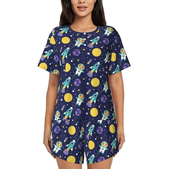 Wukai Astronaut Corgi Print Women's Pajama Set - Short-Sleeve Top and Shorts with Elastic Waistband and Pockets for Loungewear, Yoga, and Casual Wear-XX-Large