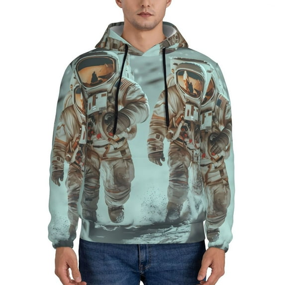 Wukai Astronauts On Lunar Mission Print Men Hoodies Fleece Sweatshirts Long Sleeve Sweaters Pullover Fall Outfits Winter Clothes-Large