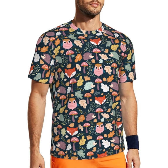 Wukai Autumn Fox Owl Print Men's Short-Sleeved Mesh T-Shirt,Quick-Dry Short Sleeve Workout T-Shirt-6X-Large