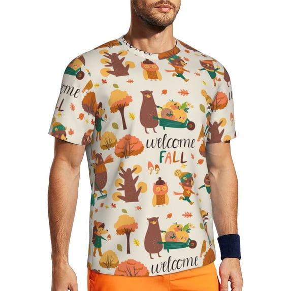 Wukai Autumn In The Forest Print Men's Short-Sleeved Mesh T-Shirt,Quick-Dry Short Sleeve Workout T-Shirt-