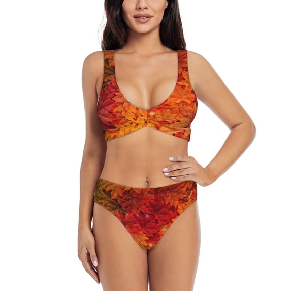 Wukai Autumn Leaf Women's Bikini Set Two Piece,wimsuit High Waisted V Neck Twist Front Adjustable Spaghetti Straps Bathing Suit-Medium