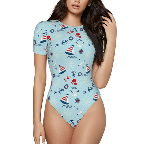 Naloa Sailboats Anchors Women's Short-Sleeved Onesie, One-Piece Swimsuit for Parties, dates, clubs - Large