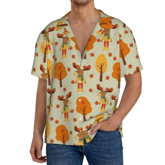 Wukai Autumn Maple Leaf and Deer Men's Casual Short-Sleeve Button Down Shirt,Cuban Shirts for Men,Mens Short Sleeve Dress Shirts-X-Large