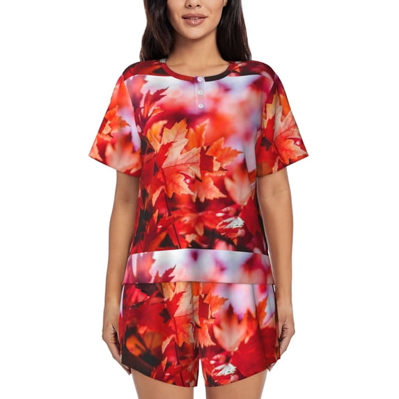 "Wukai Autumn Maple Leaves Women's Pajama Set - Short-Sleeve Top and Shorts with Elastic Waistband and Pockets for Loungewear, Yoga, and Casual Wear-