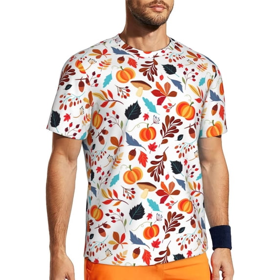 Wukai Autumn Pumpkins Fall Leaves Print Men's Short-Sleeved Mesh T-Shirt,Quick-Dry Short Sleeve Workout T-Shirt-Large