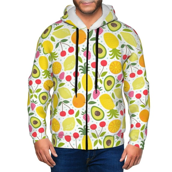 Wukai Avocado And Pineapple Print Men's Zip-Up Hoodie,Fleece Full-Zip Hoodie for Men, Hooded Sweatshirt-Medium