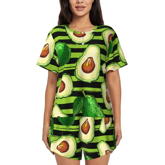 "Wukai Avocado Green Striped Women's Pajama Set - Short-Sleeve Top and Shorts with Elastic Waistband and Pockets for Loungewear, Yoga, and Casual Wear-Medium
