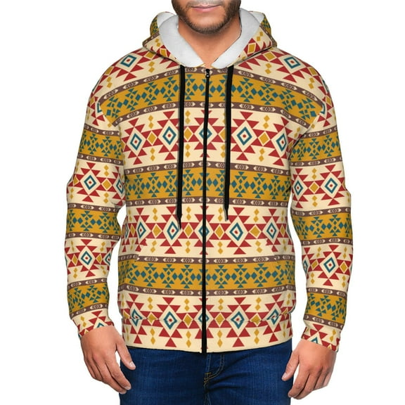Wukai Aztec Print Men's Zip-Up Hoodie,Fleece Full-Zip Hoodie for Men, Hooded Sweatshirt-X-Large