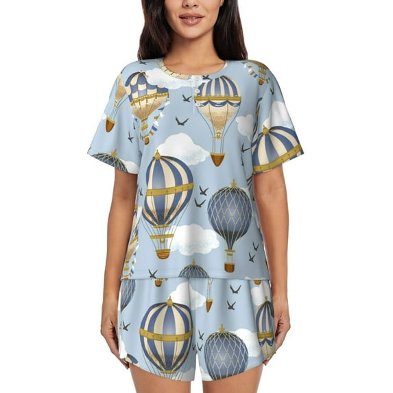 Wukai Balloon Vintage Women's Pajama Set,Short-Sleeve Top and Shorts with Elastic Waistband and Pockets for Loungewear, Yoga, and Casual Wear-Large